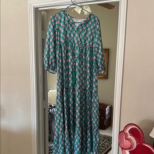 Green and Orange Maxi Sundress with V-neck and Bishop Sleeves